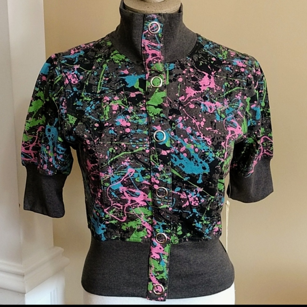 Neon Pink Paint Splatter Stretch Fitted Top Sixteen Blue Black Green Juniors Med